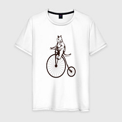 Футболка хлопковая мужская Винтажный кот на велосипеде, цвет: белый