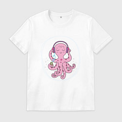 Футболка хлопковая мужская Осьминог меломан, цвет: белый