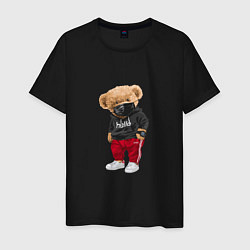 Футболка хлопковая мужская Крутой медвежонок в спортивках, цвет: черный