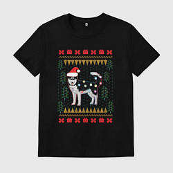 Футболка хлопковая мужская Рождественский свитер Хаски, цвет: черный