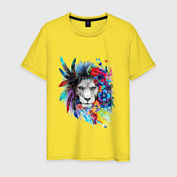 Футболка хлопковая мужская Лев в цветах и перьях, цвет: желтый