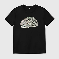 Футболка хлопковая мужская Спящий котик имитация вышивки, цвет: черный