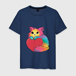 Футболка хлопковая мужская Влюбленный котик держит сердце, цвет: тёмно-синий
