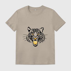 Футболка хлопковая мужская Агрессивный тигр с монетой Доджкойна в пасти, цвет: миндальный