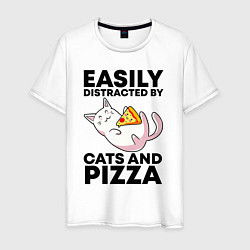 Футболка хлопковая мужская Легко отвлекаюсь на котов и пиццу, цвет: белый
