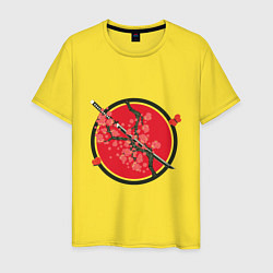 Футболка хлопковая мужская Японский меч, катана и ветви с красными цветами, цвет: желтый