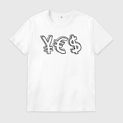 Футболка хлопковая мужская YES юань, евро, доллар, цвет: белый