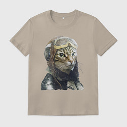 Футболка хлопковая мужская Кот - пилот The pilot Cat, цвет: миндальный