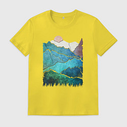 Футболка хлопковая мужская Большие горы и маленький медведь, цвет: желтый