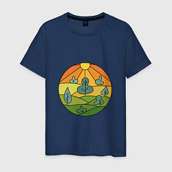 Футболка хлопковая мужская Поле деревья солнце, цвет: тёмно-синий