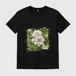 Футболка хлопковая мужская Нежные белые цветы на зелёном акварельном фоне, цвет: черный
