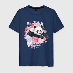 Футболка хлопковая мужская Панда среди летних цветов, цвет: тёмно-синий