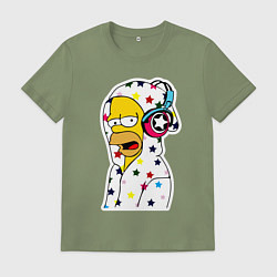 Футболка хлопковая мужская Гомер Симпсон в звёздном балахоне и в наушниках, цвет: авокадо