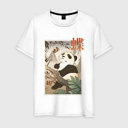 Футболка хлопковая мужская Панда и бабочка - Японская гравюра Укиё Э, цвет: белый