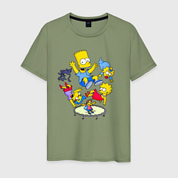Футболка хлопковая мужская Персонажи из мультфильма Симпсоны прыгают на батут, цвет: авокадо