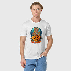 Футболка хлопковая мужская Halloween - Мишка на тыкве, цвет: белый — фото 2