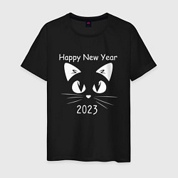 Футболка хлопковая мужская С новым 2023 годом котик, цвет: черный