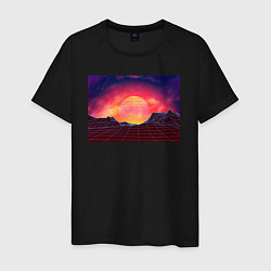 Футболка хлопковая мужская 3D неоновые горы на закате, цвет: черный