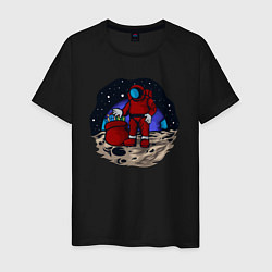 Футболка хлопковая мужская Санта космонавт, цвет: черный