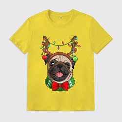 Футболка хлопковая мужская Новогодний мопс, цвет: желтый
