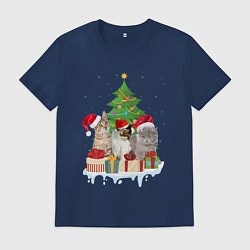 Футболка хлопковая мужская Коты и елка с подарками, цвет: тёмно-синий