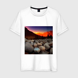 Футболка хлопковая мужская Горный пейзаж в закате солнца, каменная река, цвет: белый