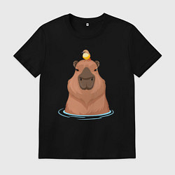 Футболка хлопковая мужская Капибара и птичка, цвет: черный