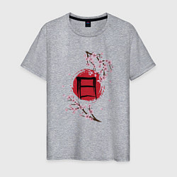 Футболка хлопковая мужская Цветущая сакура и красный круг с японским иероглиф, цвет: меланж