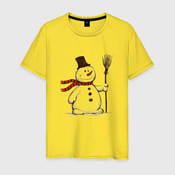 Футболка хлопковая мужская Новогодний снеговик с метлой, цвет: желтый