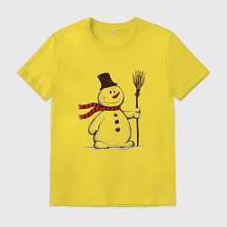 Футболка хлопковая мужская Новогодний снеговик с метлой, цвет: желтый