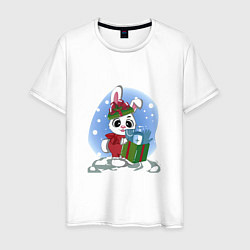 Футболка хлопковая мужская Rabbit with a New Years gift, цвет: белый