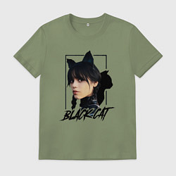 Футболка хлопковая мужская Wednesday Black cat, цвет: авокадо