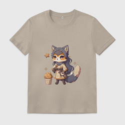 Футболка хлопковая мужская Лиса хитрый зверь, цвет: миндальный