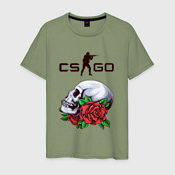 Футболка хлопковая мужская Контра и череп с розами, цвет: авокадо