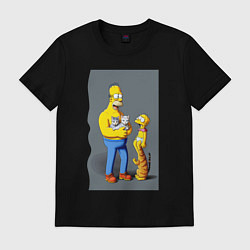 Футболка хлопковая мужская Homer Simpson and cats - нейросеть арт, цвет: черный