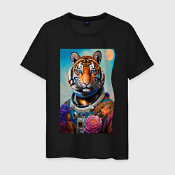 Футболка хлопковая мужская Тигр в космическом скафандре - нейросеть, цвет: черный