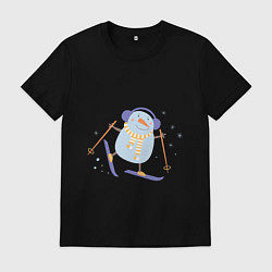 Футболка хлопковая мужская Снеговик катается на лыжах, цвет: черный
