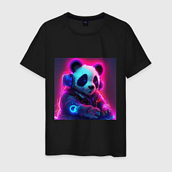 Футболка хлопковая мужская Диджей панда в свете неона, цвет: черный