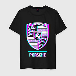 Футболка хлопковая мужская Значок Porsche в стиле glitch, цвет: черный