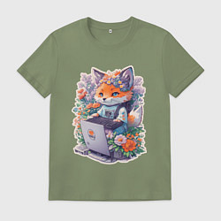 Футболка хлопковая мужская Лиса геймер за компьютером, цвет: авокадо