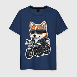 Футболка хлопковая мужская Shiba Inu собака мотоциклист, цвет: тёмно-синий