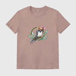 Футболка хлопковая мужская Птичка весна в темном, цвет: пыльно-розовый