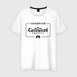 Футболка хлопковая мужская Genshin Impact gaming champion: рамка с лого и джо, цвет: белый