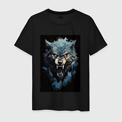 Футболка хлопковая мужская Серый волк и синии брызги, цвет: черный