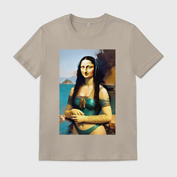 Футболка хлопковая мужская Мона Лиза на пляже - Биарриц - Франция, цвет: миндальный