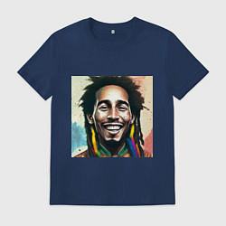 Футболка хлопковая мужская Боб Марли полон счастья Арт новой школы, цвет: тёмно-синий