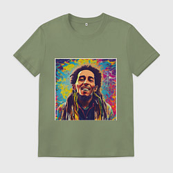 Футболка хлопковая мужская Граффити Кляксы Арт Боб Марли, цвет: авокадо