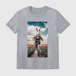 Футболка хлопковая мужская Кролик едет на велосипеде, цвет: меланж