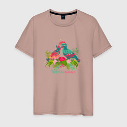 Футболка хлопковая мужская Влюбленные попугаи среди тропических листьев, цвет: пыльно-розовый
