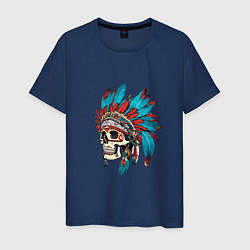 Футболка хлопковая мужская Череп Индейца с перьями, цвет: тёмно-синий